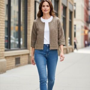 Laundry Shelli Segal M Jacket Bolero Crop Olive Taupe Cotton Tan Embroidery